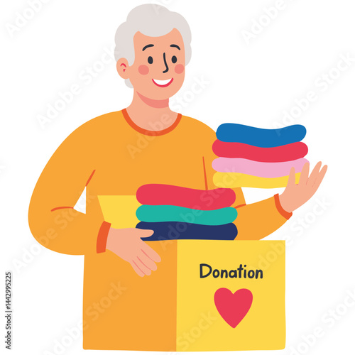 Elderly volunteers donating clothes, flat cartoon vector. Senior people doing charity work, minimal illustration. Retired men helping with donations, vector characters. 