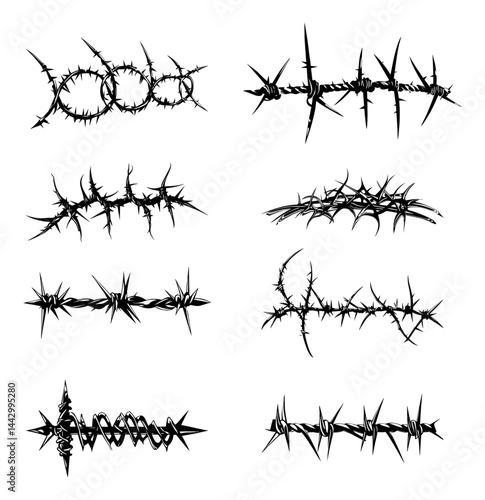 Set of barbed wire silhouettes – black and white vector collection with sharp spikes and twisted metal