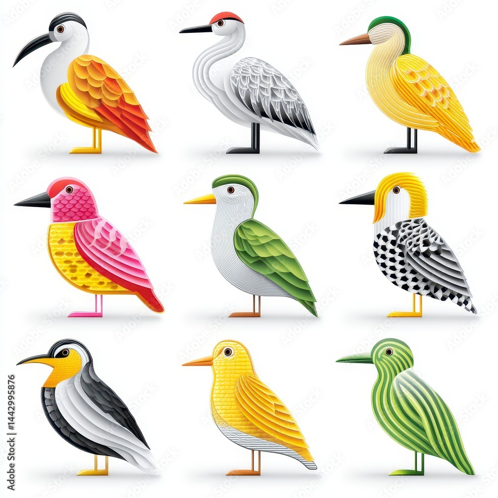 Fototapeta premium Nine Colorful Pixel Art Birds on White Background