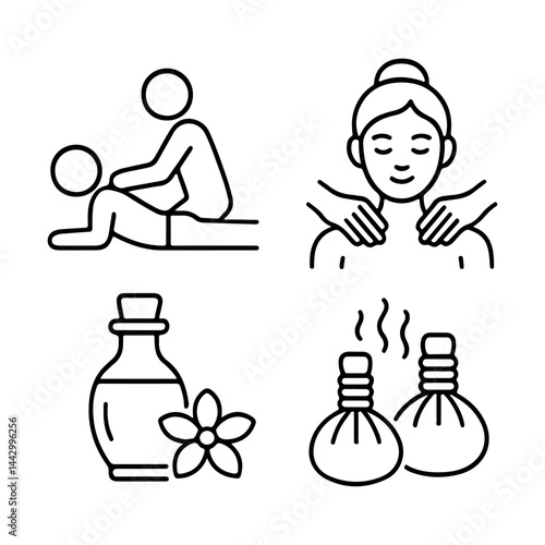 Collection of four black outline icons representing massage therapy, essential oils, spa treatments, and relaxation, ideal for wellness branding. Vector illustration