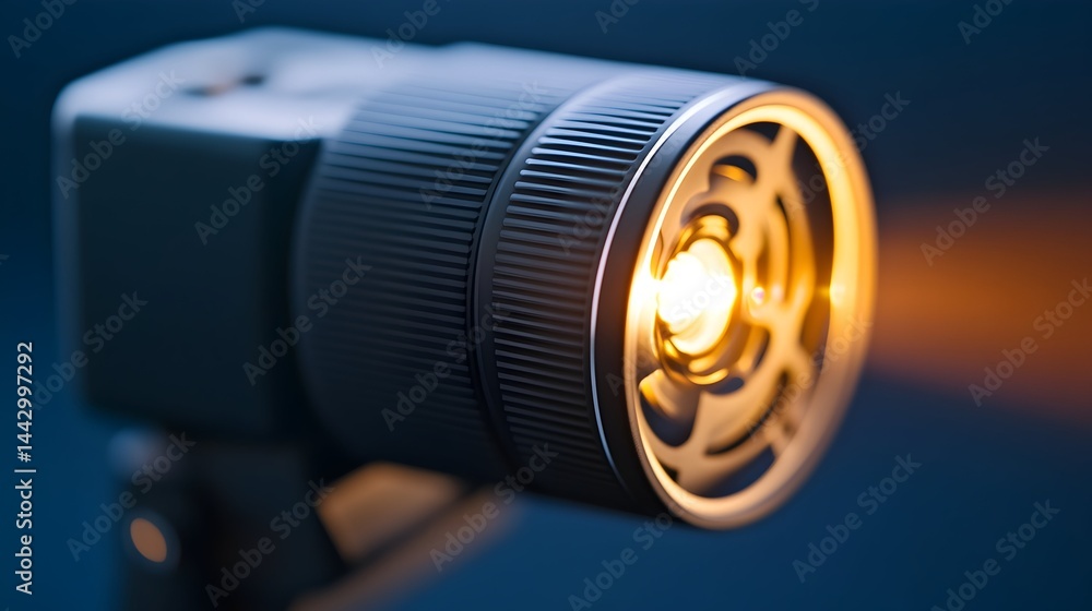 Close-up of a dark gray cylindrical lens emitting a warm, orange beam of light against a dark blue background Close-up of a dark gray cylindrical lens emitting a warm, orange beam of light against a dark blue background
