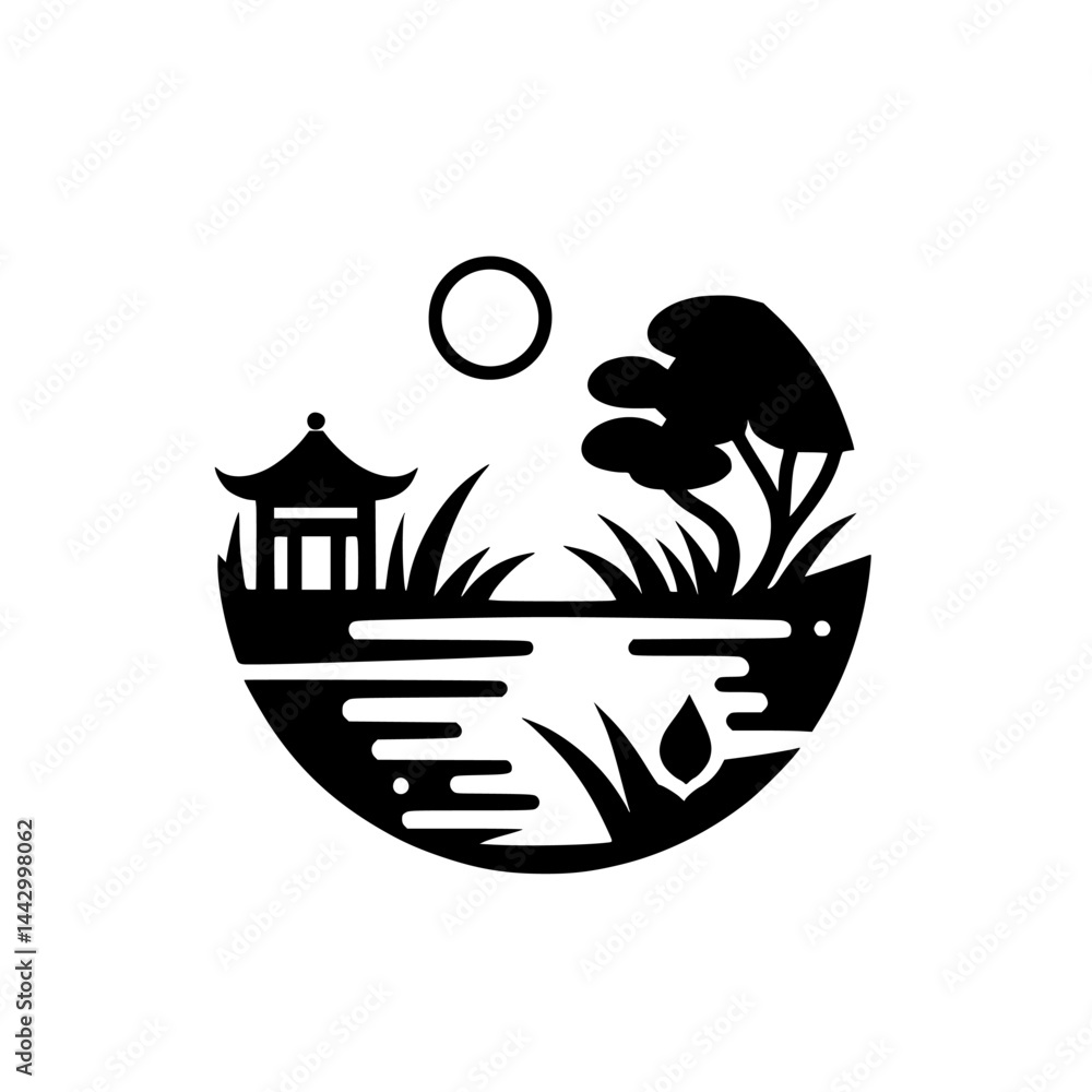 Fototapeta premium Minimalist Asian Pagoda Landscape Circle Silhouette - Black & White Graphic Illustration for Zen, Nature, and Tranquility