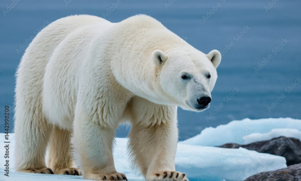 A polar bear standing at the top of an iceberg, surrounded by Arctic landscape A polar bear standing at the top of an iceberg, surrounded by Arctic landscape