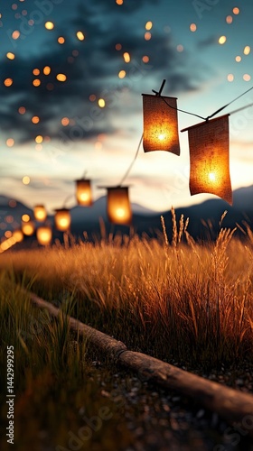 Honoring fallen soldiers with flags for national remembrance, respectful honoring fallen soldiers with flags for military tribute Twinkling lanterns illuminate a tranquil landscape