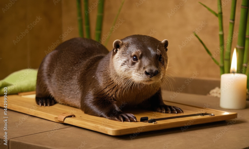 An otter sits on a cutting board next to a candle, showcasing its curious nature