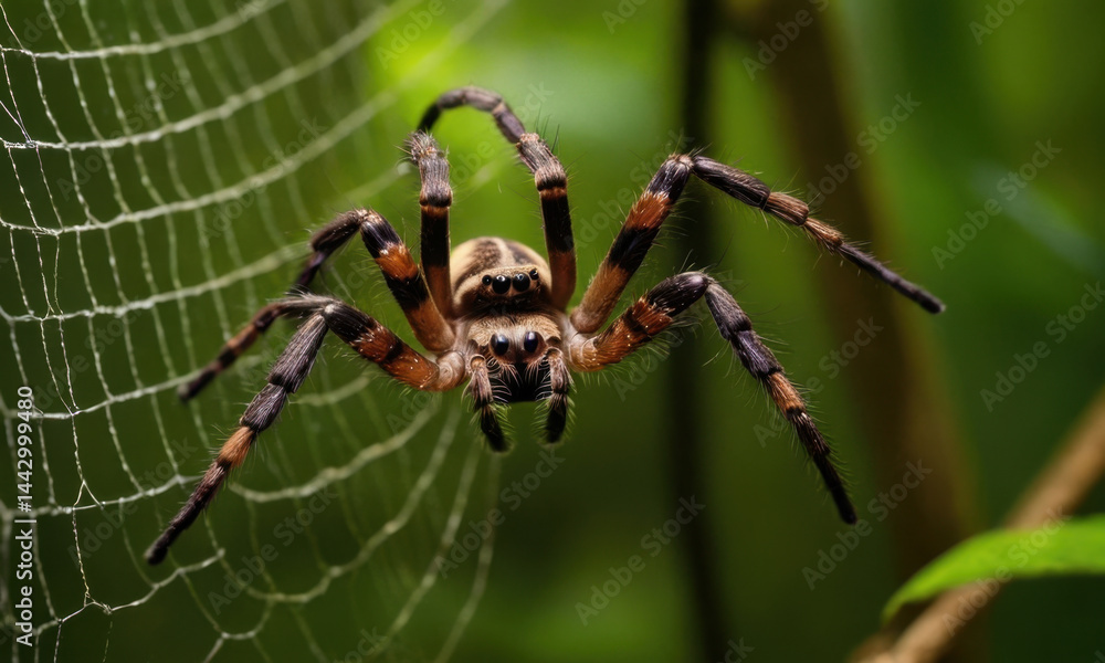 A spider sits atop its intricate web