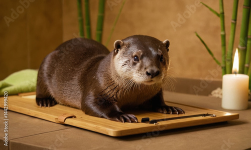 Obraz na płótnie An otter sits on a cutting board next to a candle, showcasing its curious nature w salonie