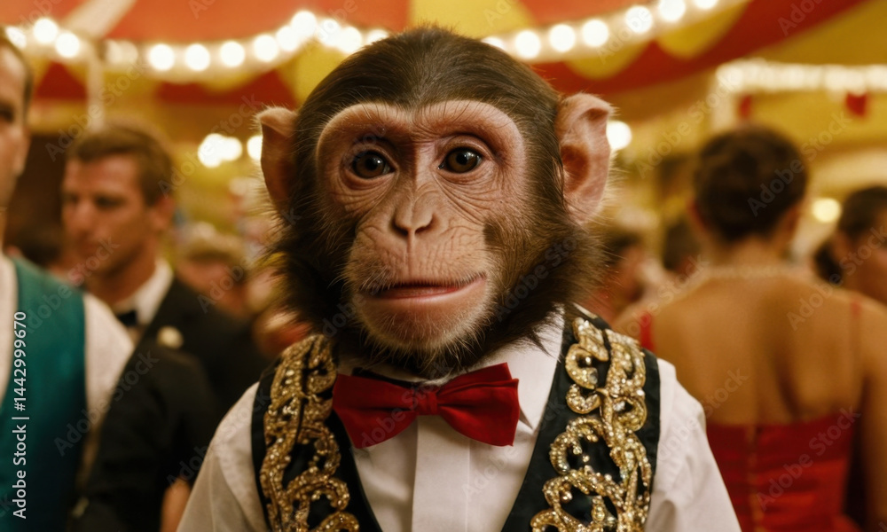 A curious monkey dressed up in a tuxedo and bow tie, perfect for a whimsical or humorous image