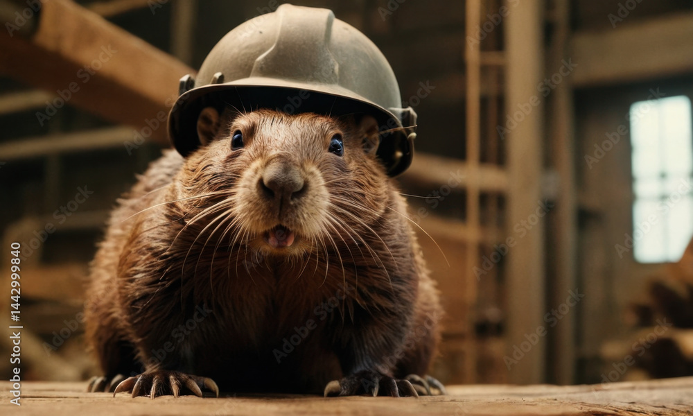 A small rodent sits atop a wooden table, wearing a miniature helmet