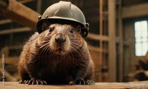 Obraz na płótnie A small rodent sits atop a wooden table, wearing a miniature helmet w salonie