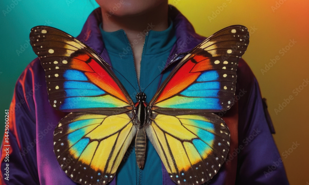 A person with a colorful butterfly on their back