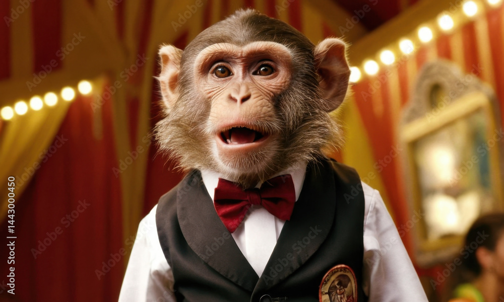 A curious monkey dressed in a vest and bow tie, ready for a special occasion