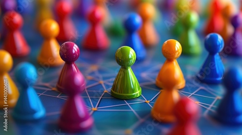 Colorful vibrant game pawn arranged on network background depicts connection unity teamwork concept