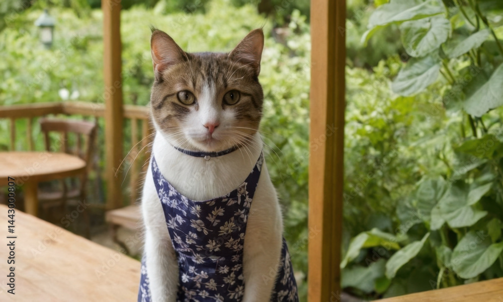 A curious cat sits on a table wearing a blue tie