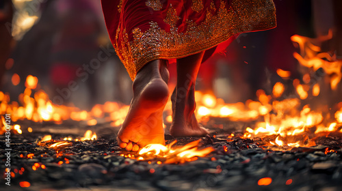Fire walking festival, a woman wearing a traditional red saree with gold designs walks on burning coals with confidence, smoke billows softly around. AI generated images.