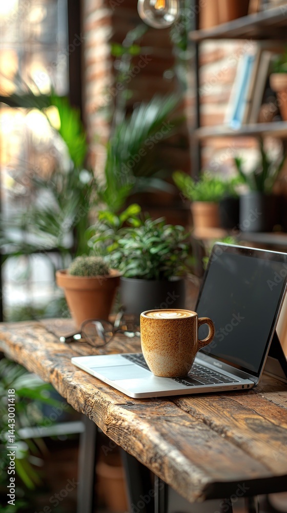 Fototapeta premium Cozy workspace with laptop, coffee, and plants