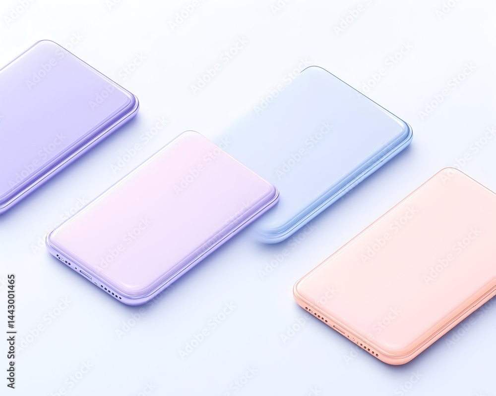 Four pastel-colored smartphones arranged diagonally on a light background They are glossy and feature a minimalist design Four pastel-colored smartphones arranged diagonally on a light background They are glossy and feature a minimalist design
