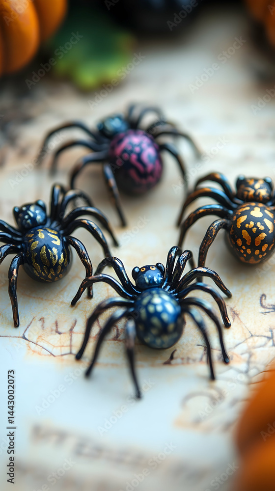 Fototapeta premium Halloween Four painted spiders with pumpkins sit atop a vintage parchment sheet with sketched lines