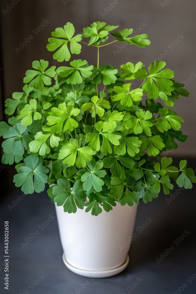 Fresh green aquilegia leaves in a white pot against dark background for a natural style photography Fresh green aquilegia leaves in a white pot against dark background for a natural style photography
