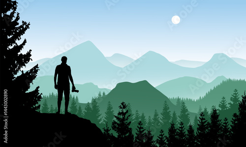 Vector landscape with a man standing on a cliff holding camera and watching blue misty mountains.