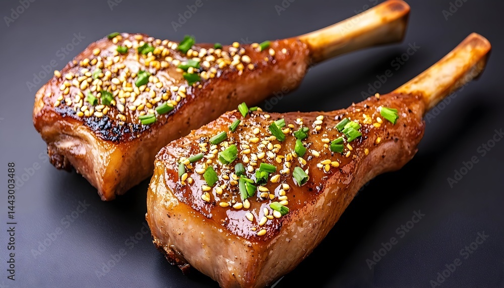 Two grilled lamb chops, glazed, sesame seeds, green onions