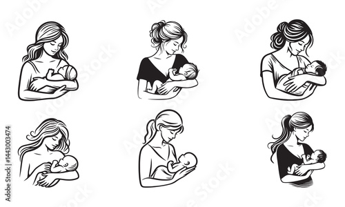 Set of Mom holding a new born baby Line art silhouette vector illustration