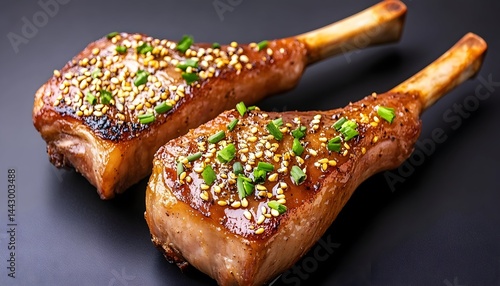 Obraz na płótnie Two grilled lamb chops, glazed, sesame seeds, green onions w salonie