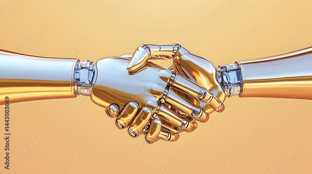 Two metallic robotic arms clasp in a handshake against a muted orange background