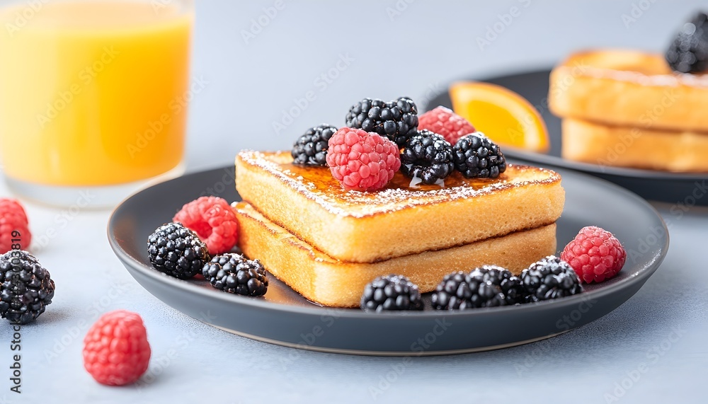 Two stacks of golden-brown French toast topped with fresh raspberries and blackberries, dusted with powdered sugar, served with orange juice