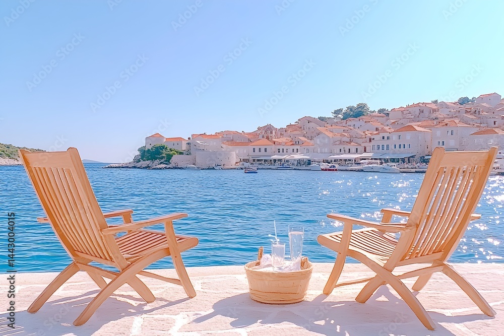 Two wooden lounge chairs face a calm sea, overlooking a picturesque coastal town under a bright sun A small table holds drinks