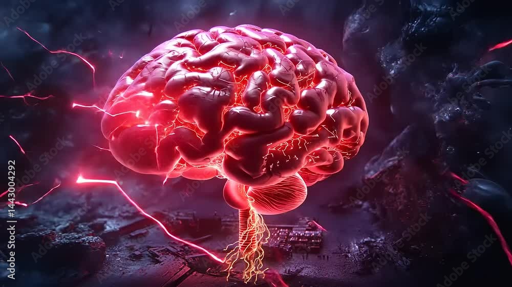 Glowing red brain with energetic connections in a dark, abstract environment Glowing red brain with energetic connections in a dark, abstract environment