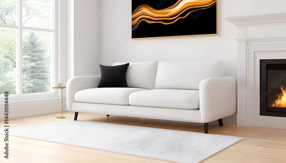 White sofa, black pillow, abstract art, fireplace, rug, bright room