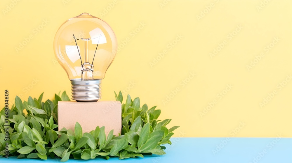 A clear lightbulb sits on a small, light brown cube, encircled by vibrant green foliage against a yellow backdrop