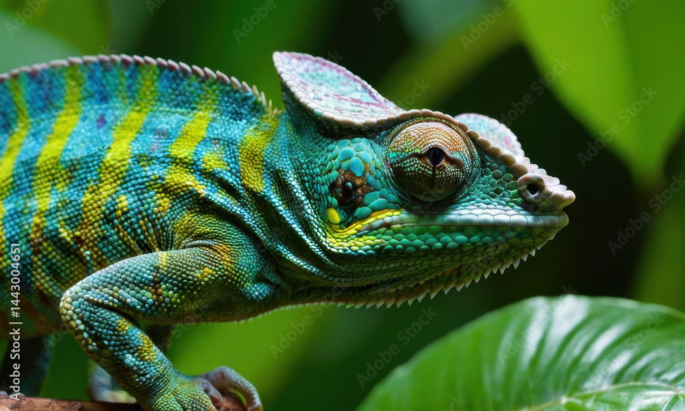 Fototapeta premium A green and yellow chameleon perched on a branch, its vibrant colors standing out in the natural environment