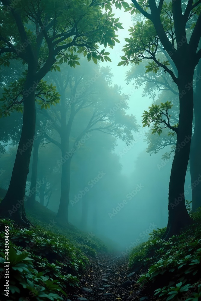 Fototapeta premium The canopy above is hidden in thick mist and fog, foggy, foliage