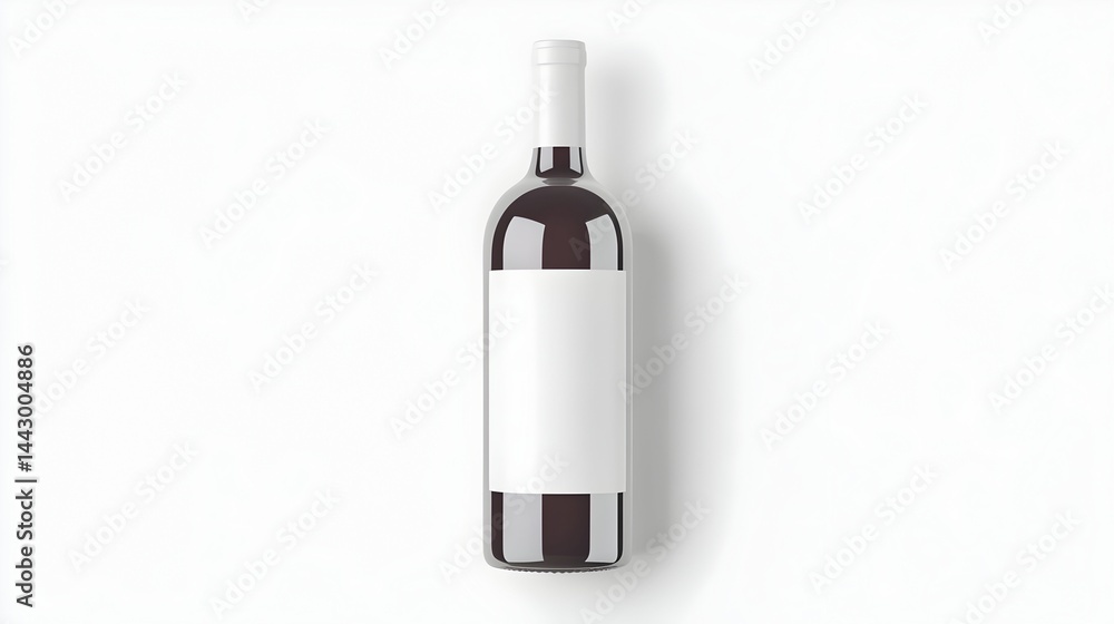 A dark glass wine bottle with a blank white label, presented against a stark white background
