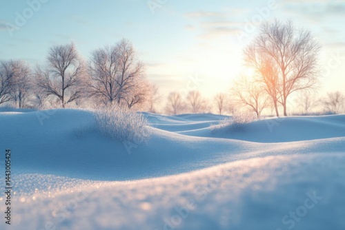 Snowy sunrise winter landscape.