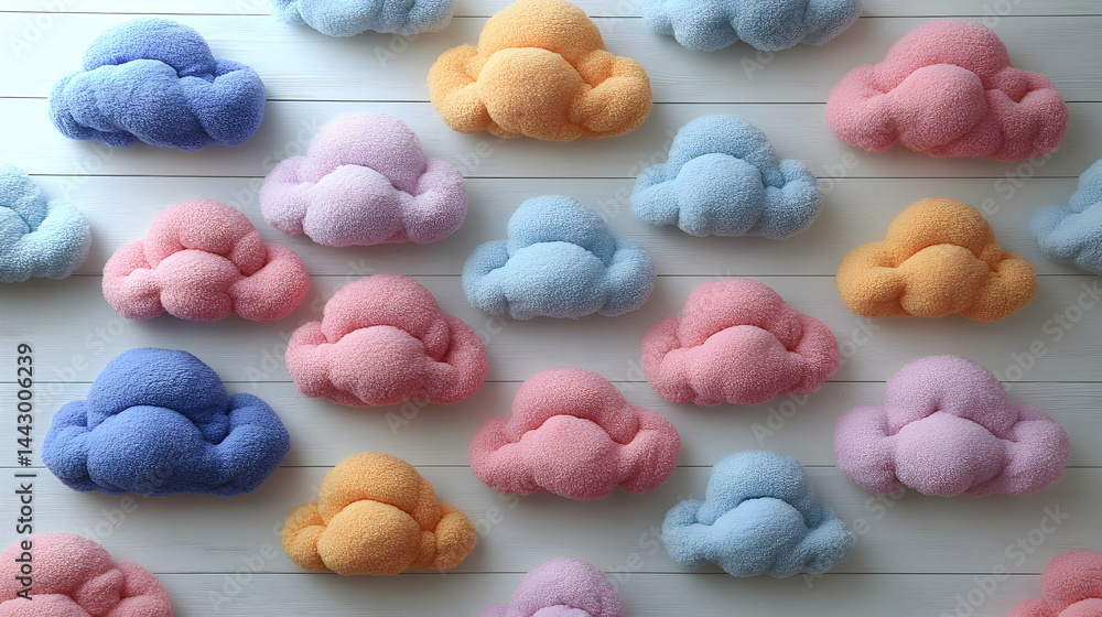 An overhead shot of fluffy cloud-shaped pillows scattered across a textured white wooden surface An overhead shot of fluffy cloud-shaped pillows scattered across a textured white wooden surface