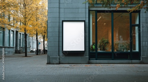 Blank billboard on urban building wall surrounded by autumn city street trees.