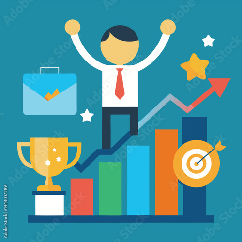 A businessman holds money while a business graph icon visually represents financial data