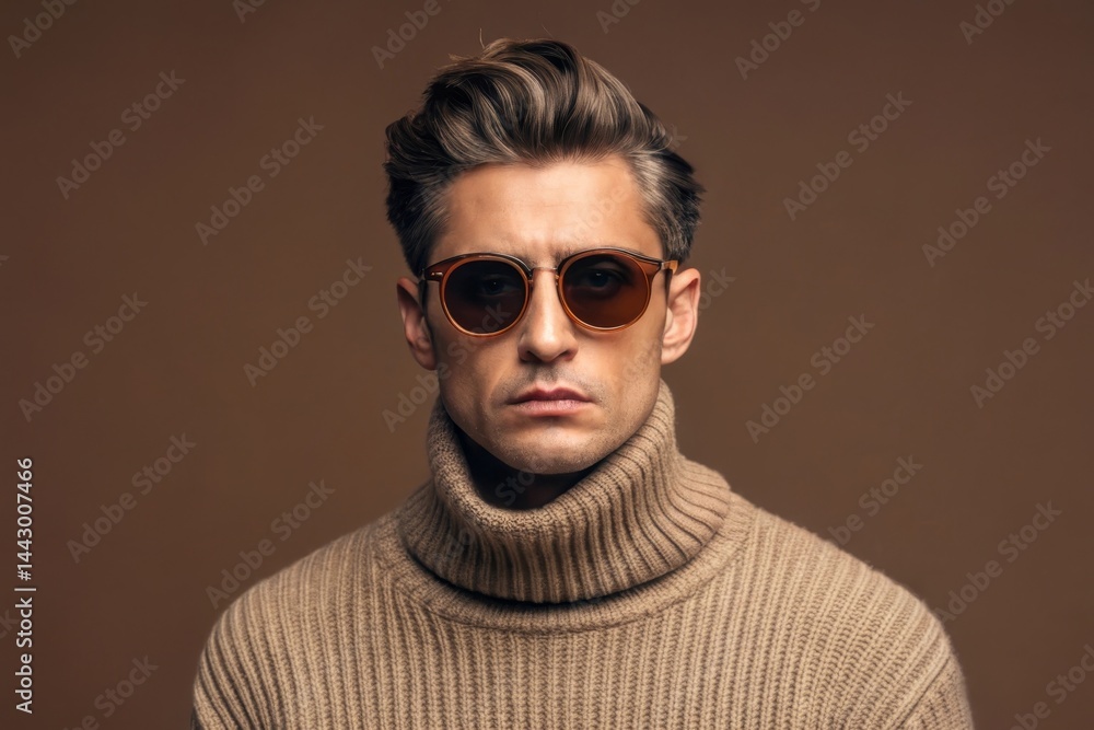Fototapeta premium Somber man wearing sunglasses in a stylish turtleneck against a brown background 