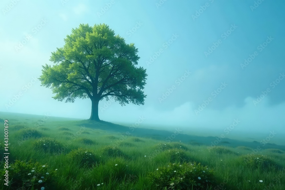 Obraz premium Wavy blue mist enveloping a solitary tree in a vast meadow, calm, mist