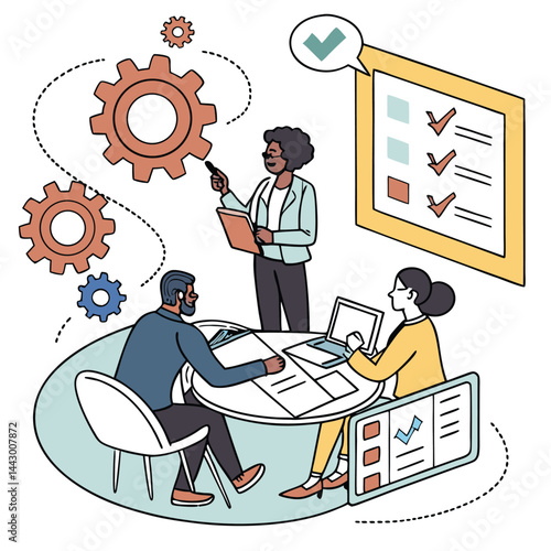 A vector illustration depicts a businessman on the phone, another on office stairs, and a third cartoon businessman on top of the world