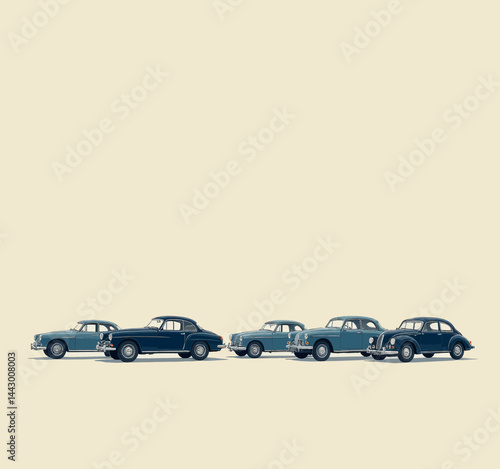 Vintage Cars in Row, Blue and Black Hues