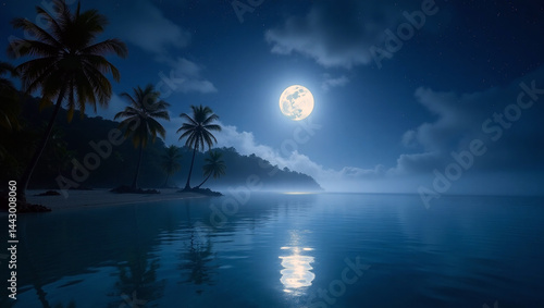 Tropical landscape under starry night sky, big moon reflected in calm water and palm trees on the shore