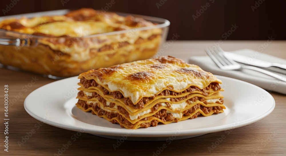 A close-up shot of a plate of classic Lasagna, showing layers of pasta, ragu, bechamel, and cheese, with a golden-brown baked top. A close-up shot of a plate of classic Lasagna, showing layers of pasta, ragu, bechamel, and cheese, with a golden-brown baked top.