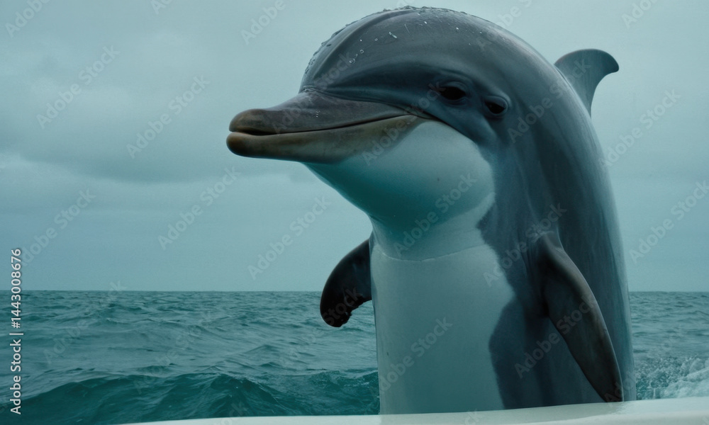 Fototapeta premium A close-up view of a dolphin swimming in the water, with its blowhole visible