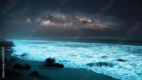 Glowing blue waves illuminate a dark beach under a starry night sky, the Milky Way visible above. Dark rocks and sand border the ocean. Serene and mystical atmosphere.