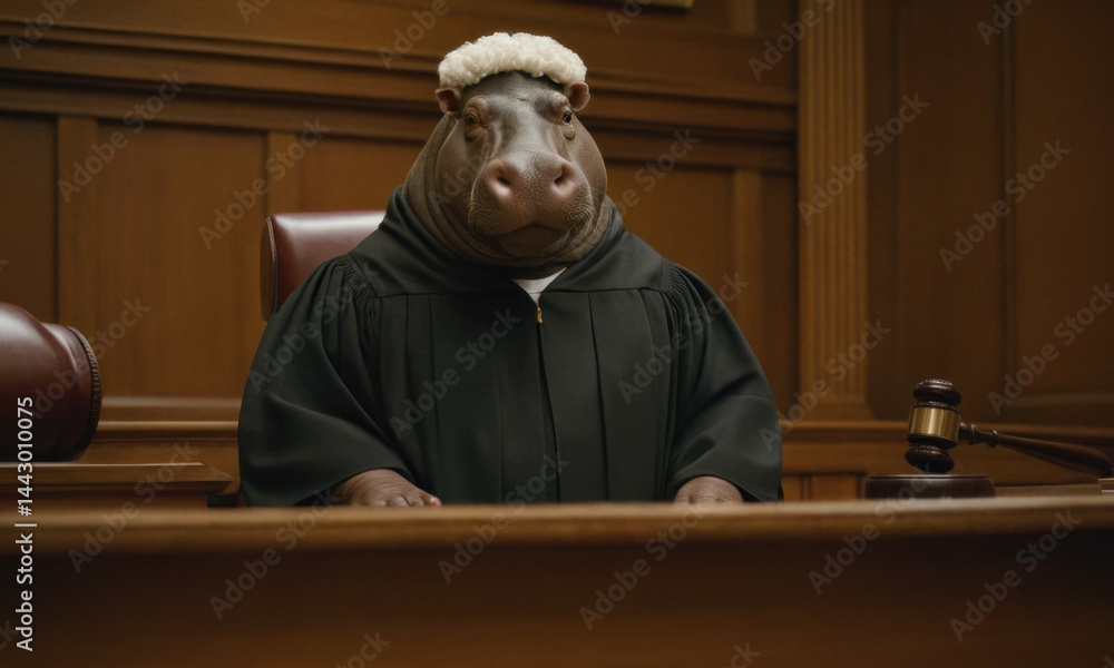 Naklejka premium A hippopotamus wearing a judge's robe sits in a courtroom, with a gavel and papers on the desk