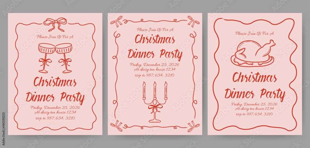 Naklejka premium Christmas dinner party invitation card with hand drawn coquette frame and glasses for festive dinners, cocktail parties and holiday gatherings. 